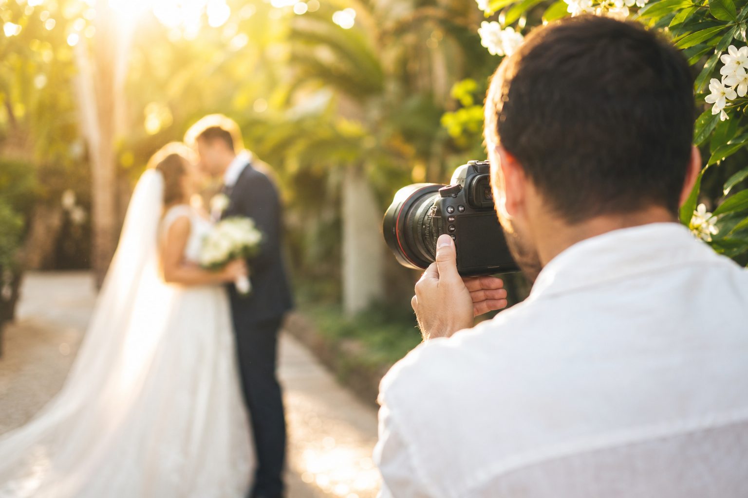 Wedding photographer shooting a couple at sunset